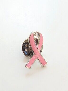Vintage Silver Tone Pink Enamel Breast Cancer Awareness Ribbon Lapel Hat Pin